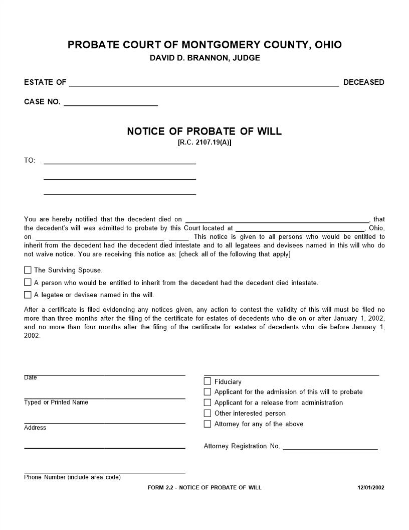 Notice Of Probate Of Will {2.2} | Pdf Fpdf Doc Docx | Ohio