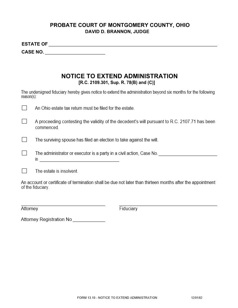 Notice To Extend Administration {13.10} | Pdf Fpdf Doc Docx | Ohio