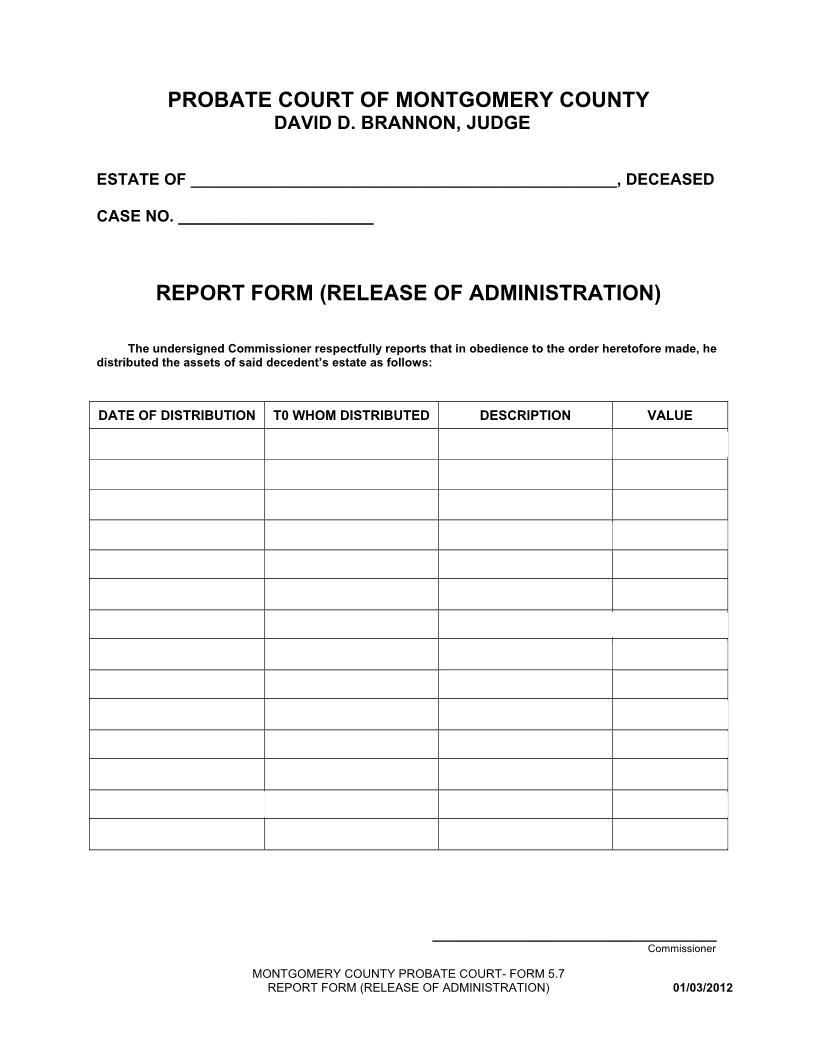 Report Form (Release Of Administration) {5.7} | Pdf Fpdf Doc Docx | Ohio