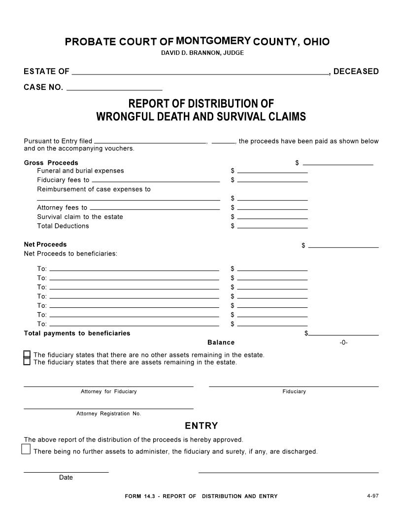 Report Of Distribution Of Wrongful Death And Survival Claims {14.3} | Pdf Fpdf Doc Docx | Ohio