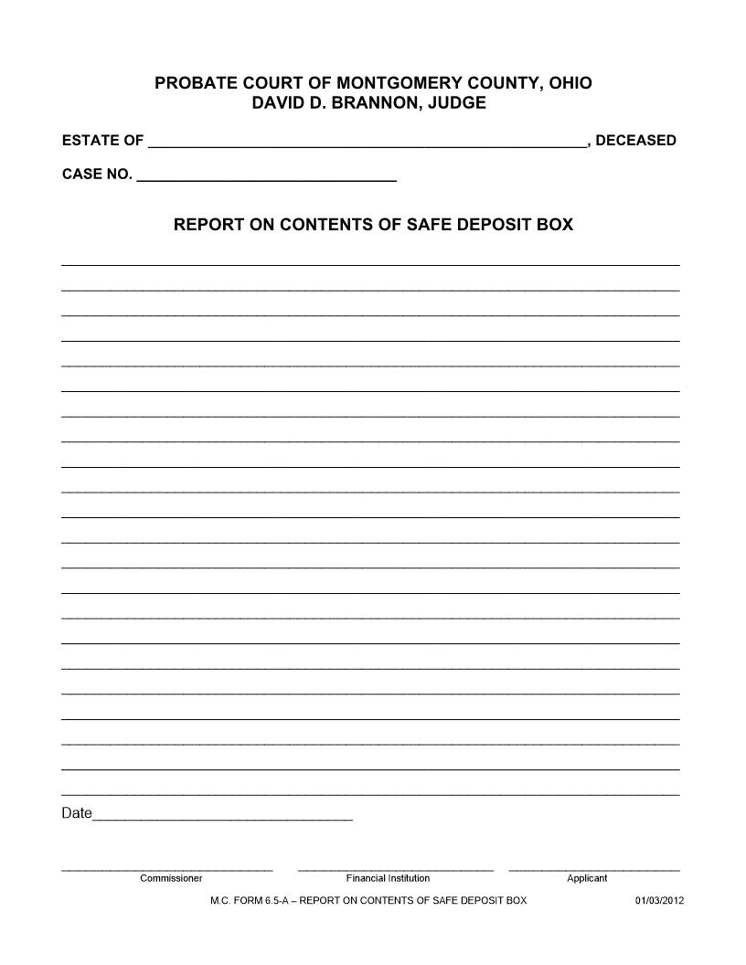 Report On Contents Of A Safe Deposit Box {6.5A} | Pdf Fpdf Doc Docx | Ohio