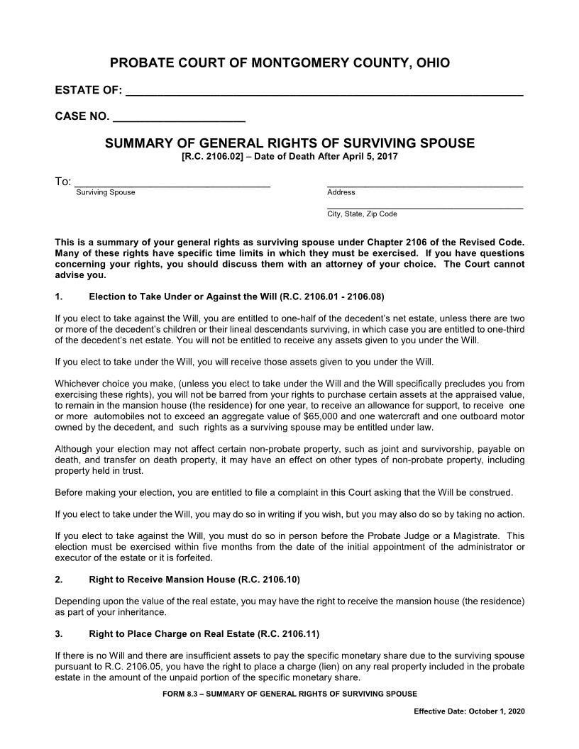 Summary Of General Rights Of Surviving Spouse {8.3} | Pdf Fpdf Doc Docx | Ohio