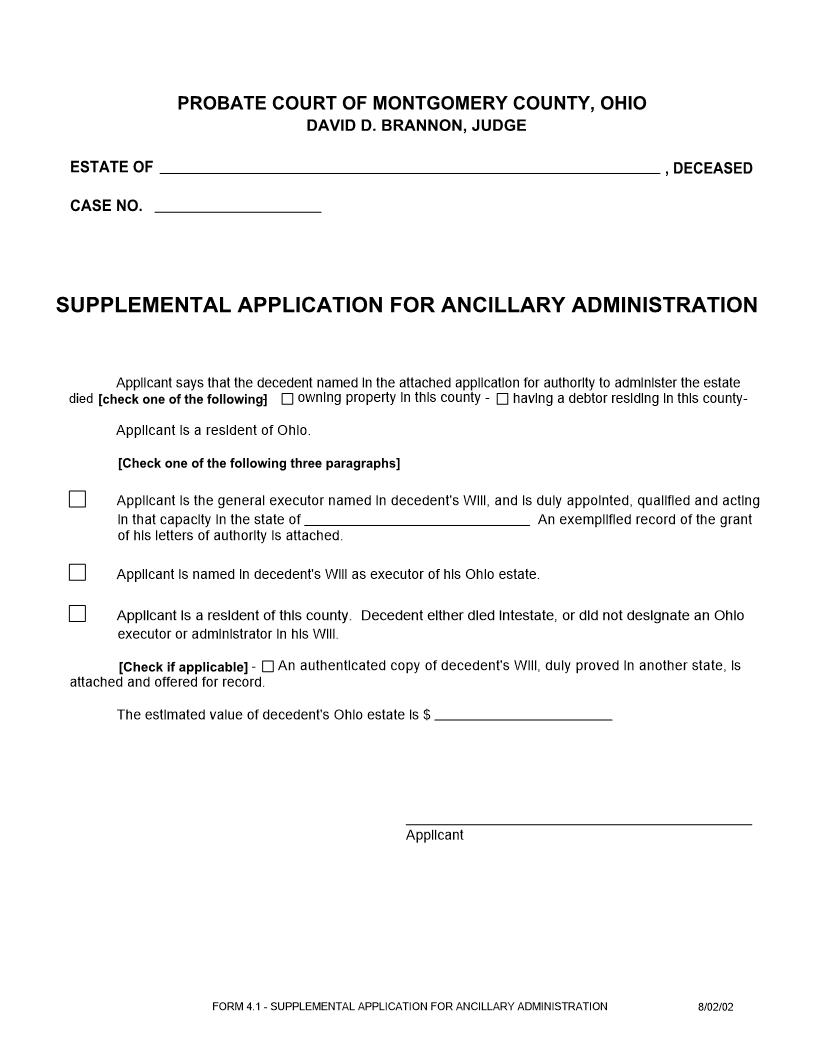 Supplemental Application For Ancilliary Administration {4.1} | Pdf Fpdf Doc Docx | Ohio