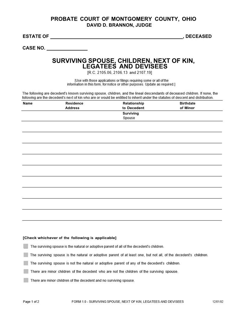 Surviving Spouse Next Of Kin Legatees And Devisees {1.0} | Pdf Fpdf Doc Docx | Ohio