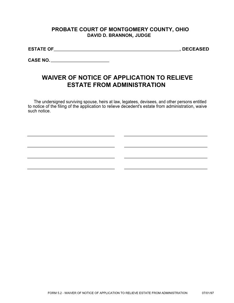 Waiver Of Notice Of Application To Relieve Estate From Administration {5.2} | Pdf Fpdf Doc Docx | Ohio