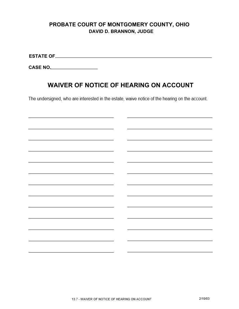 Waiver Of Notice Of Hearing On Account {13.7} | Pdf Fpdf Doc Docx | Ohio