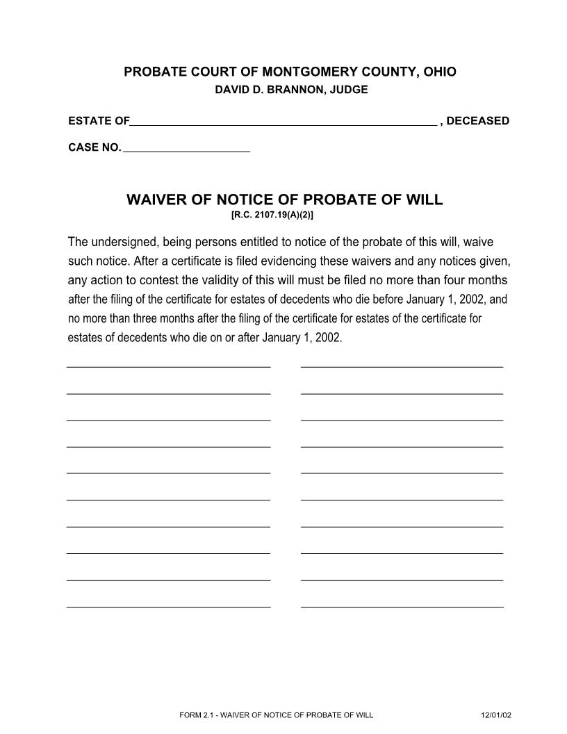 Waiver Of Notice Of Probate Of Will {2.1} | Pdf Fpdf Doc Docx | Ohio