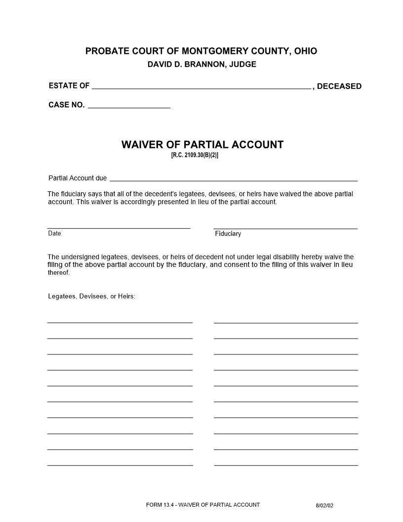 Waiver Of Partial Account (Montgomery) {13.4} | Pdf Fpdf Doc Docx | Ohio