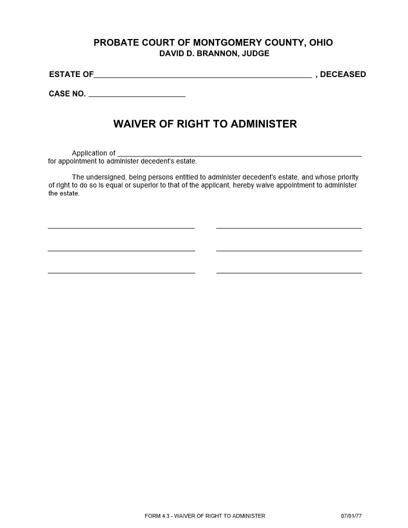 Waiver Of Right To Administer {4.3} | Pdf Fpdf Doc Docx | Ohio