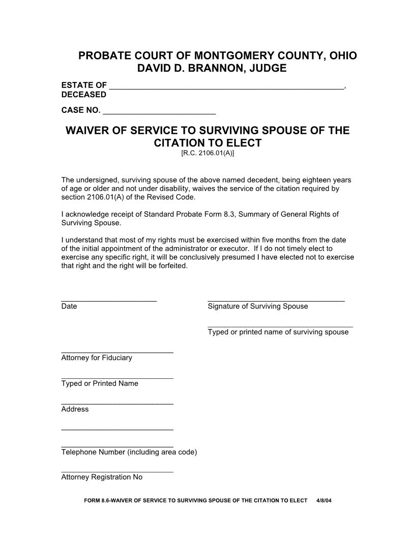 Waiver Of Service To Surviving Spouse Of The Citation To Elect (Montgomery) {8.6} | Pdf Fpdf Doc Docx | Ohio