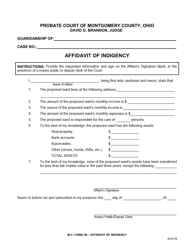 Affidavit Of Indigency {3B} | Pdf Fpdf Doc Docx | Ohio