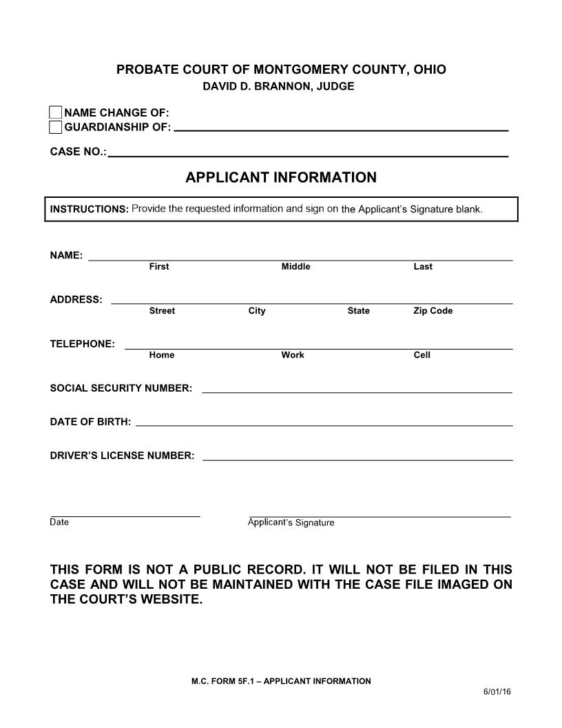 Applicant Information {5F.1} | Pdf Fpdf Doc Docx | Ohio