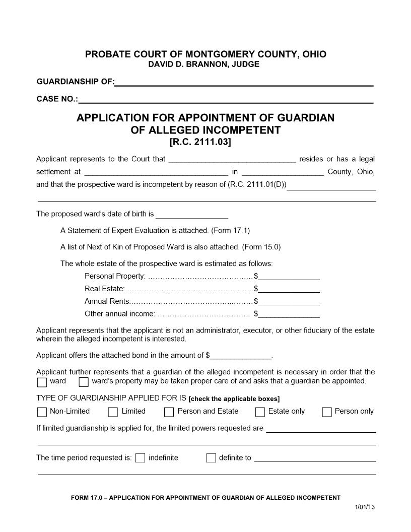 Application For Appointment Of Guardian Of Alleged Incompetent {17.0} | Pdf Fpdf Doc Docx | Ohio