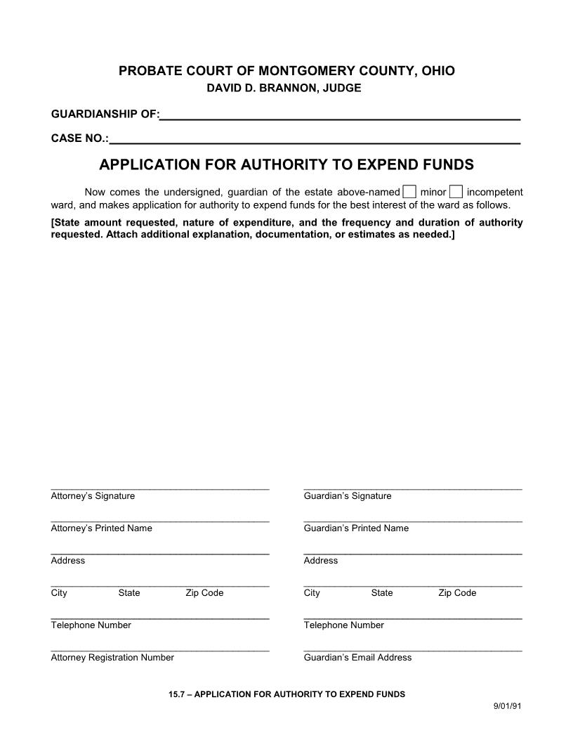 Application For Authority To Expend Funds {15.7} | Pdf Fpdf Doc Docx | Ohio