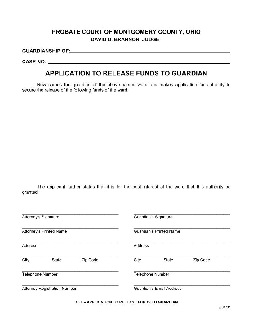 Application To Release Funds To Guardian {15.6} | Pdf Fpdf Doc Docx | Ohio