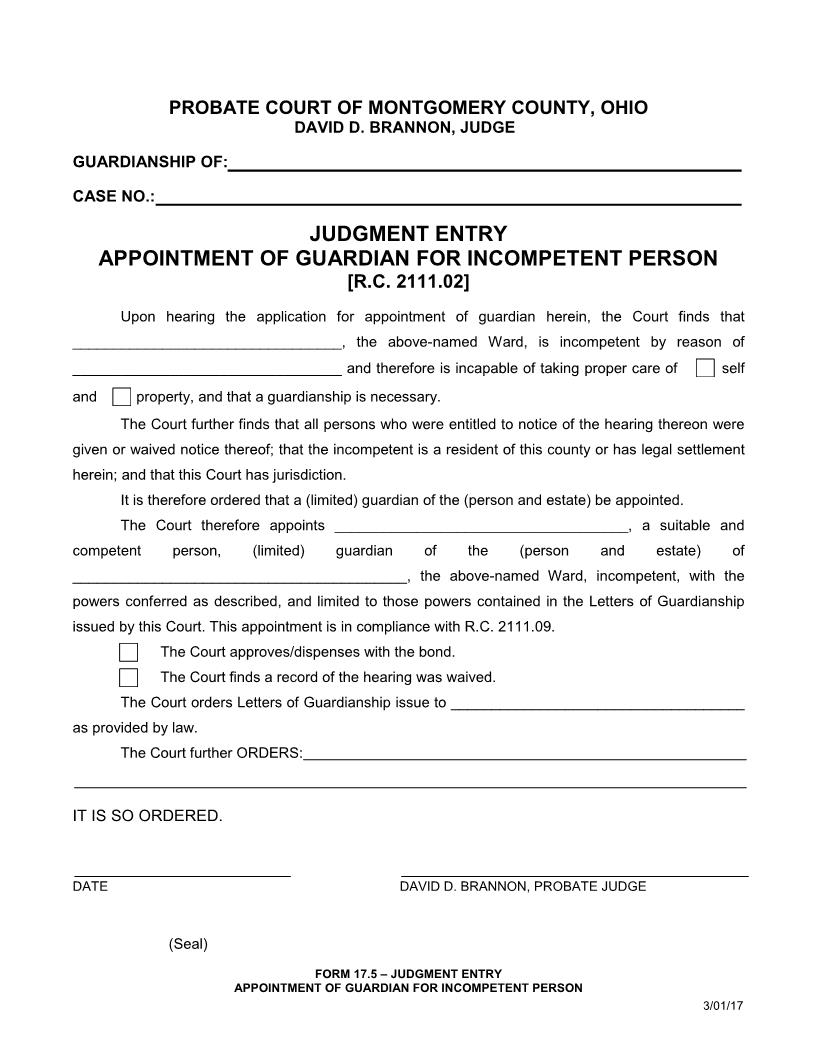 Judgment Entry Appointment Of Guardian For Incompetent Person {17.5A} | Pdf Fpdf Docx | Ohio
