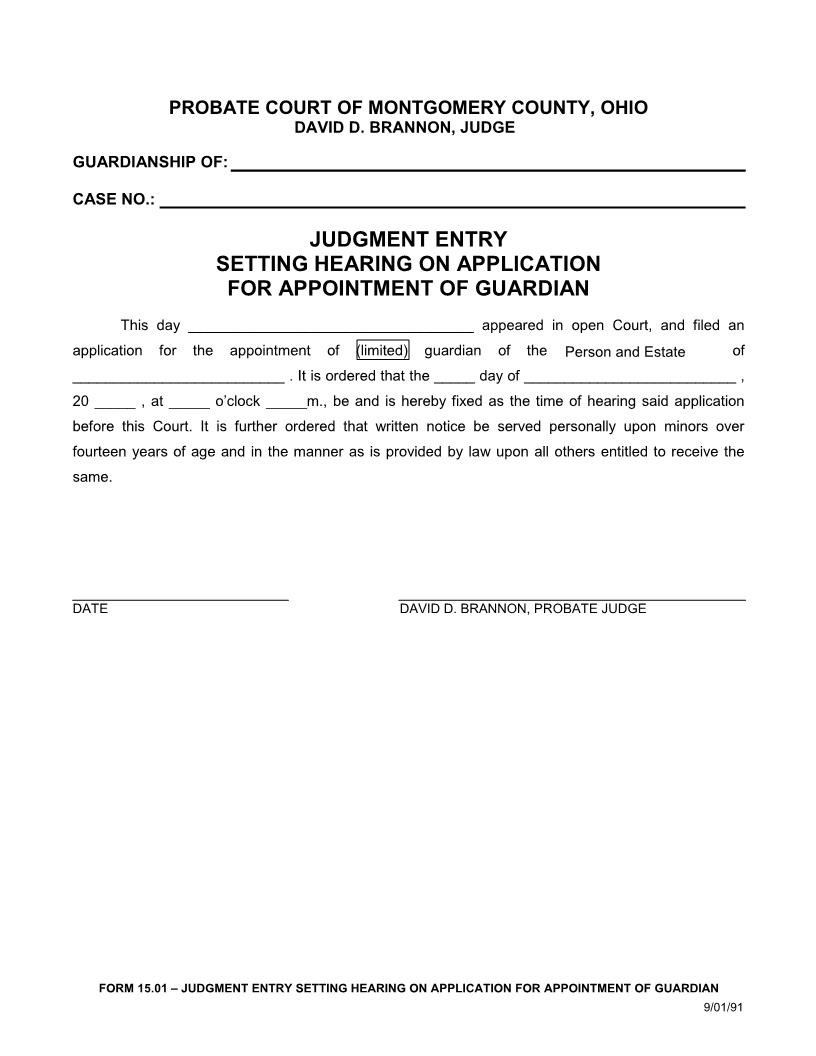 Judgment Entry Setting Hearing On Application For Appointment Of Guardian {15.01} | Pdf Fpdf Doc Docx | Ohio