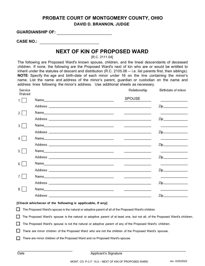Next Of Kin On Proposed Ward (Montgomery) {15.0} | Pdf Fpdf Doc Docx | Ohio