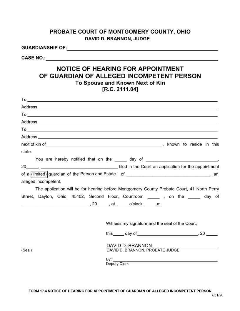 Notice Of Hearing For Appointment Of Guardian Of Alleged Incompetent Person {17.4} | Pdf Fpdf Doc Docx | Ohio