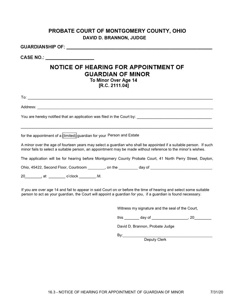 Notice Of Hearing For Appointment Of Guardian Of Minor {16.3} | Pdf Fpdf Doc Docx | Ohio