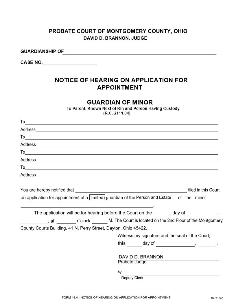 Notice Of Hearing On Application for Appointment Guardian Of Minor {16.4} | Pdf Fpdf Doc Docx | Ohio