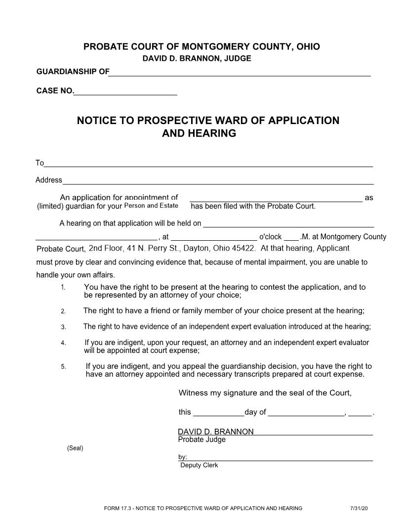 Notice To Prospective Ward Of Application And Hearing {17.3} | Pdf Fpdf Doc Docx | Ohio