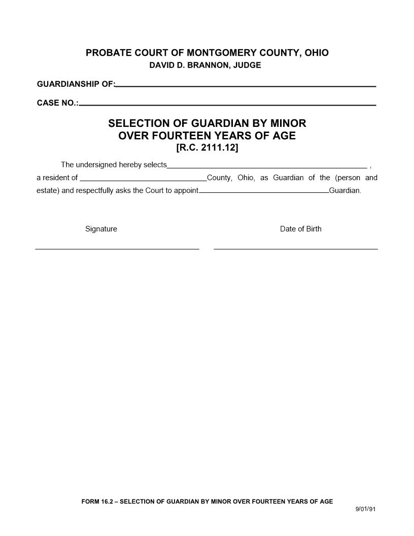 Selection Of Guardian By Minor Over Fourteen Years Of Age {16.2} | Pdf Fpdf Doc Docx | Ohio