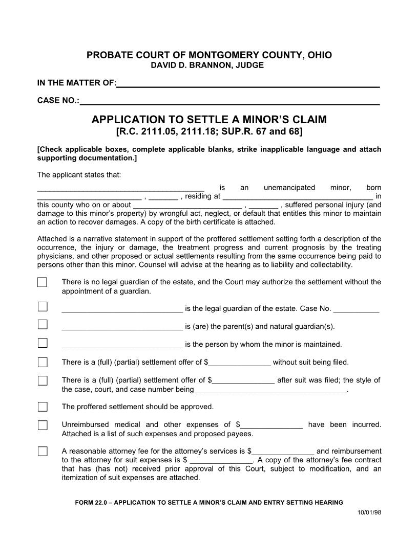 Application To Settle A Minors Claim  {22.0} | Pdf Fpdf Doc Docx | Ohio