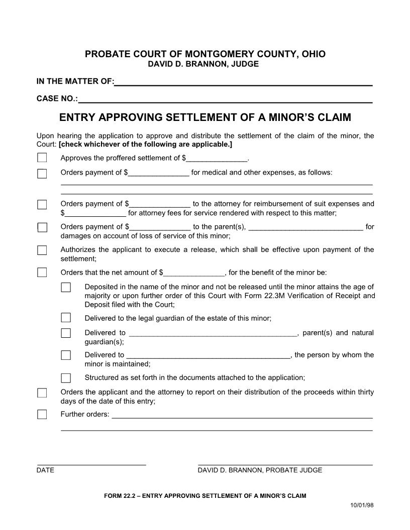 Entry Approving Settlement Of A Minors Claim (Montgomery) {22.2} | Pdf Fpdf Doc Docx | Ohio