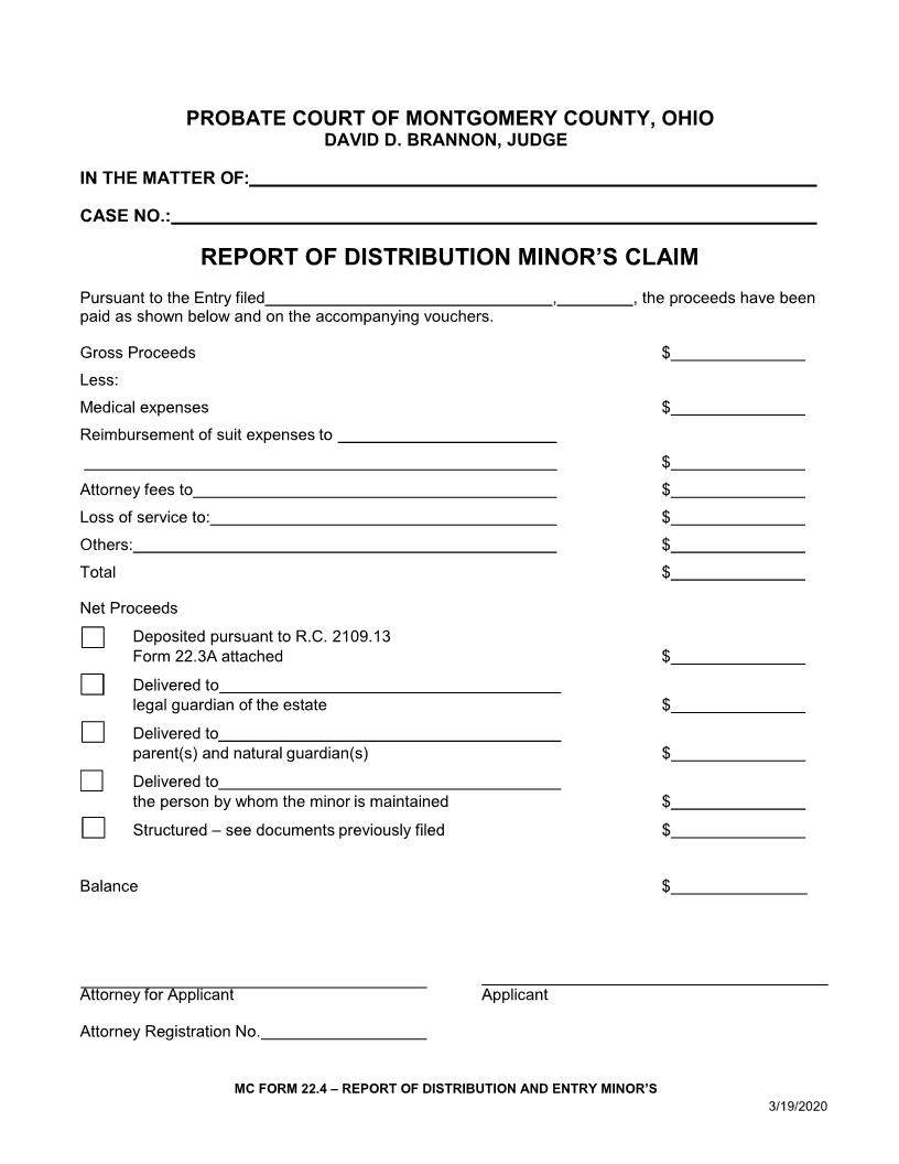 Report Of Distribution And Entry Minors Claim (Montgomery) {22.4} | Pdf Fpdf Doc Docx | Ohio