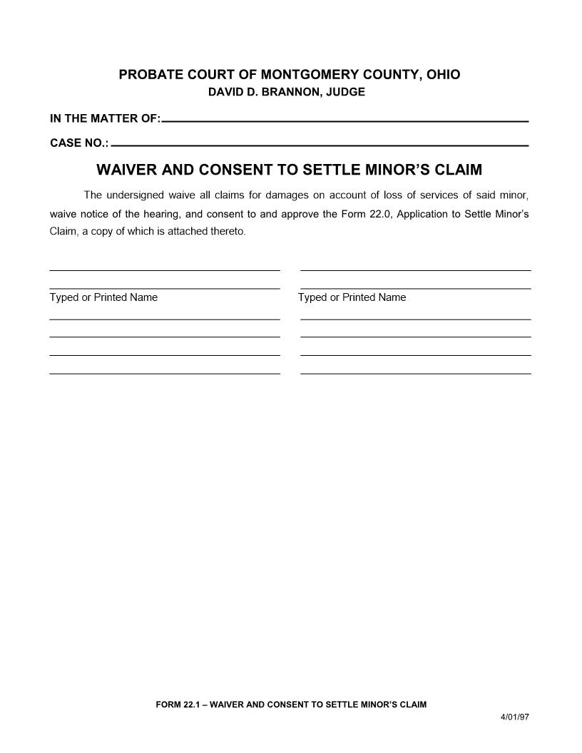 Waiver And Consent To Settle Minors Claim (Montgomery) {22.1} | Pdf Fpdf Doc Docx | Ohio