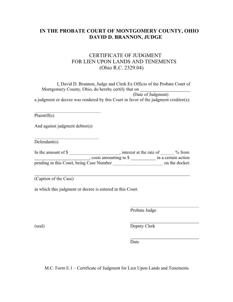 Certificate Of Judgment For Lien Upon Lands And Tenements {E.1} | Pdf Fpdf Doc Docx | Ohio
