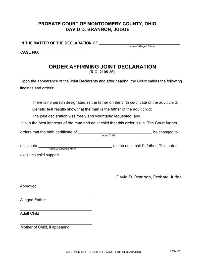 Order Affirming Joint Declaration {28.1} | Pdf Fpdf Doc Docx | Ohio