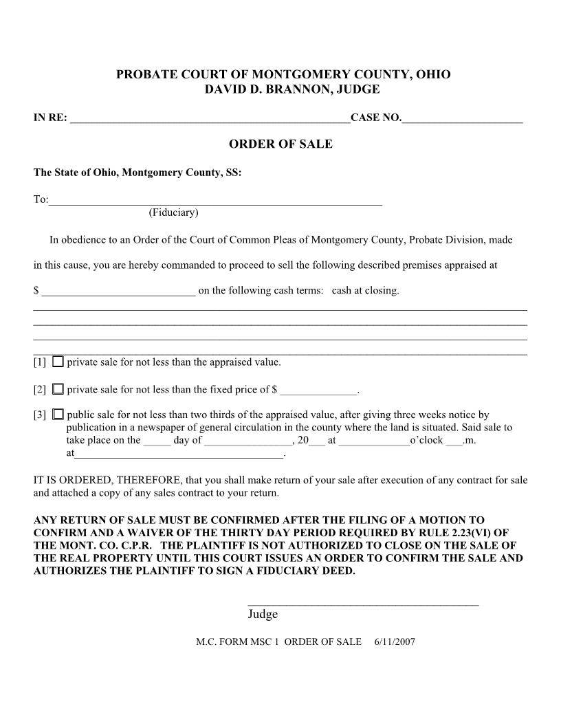 Order Of Sale | Pdf Fpdf Doc Docx | Ohio