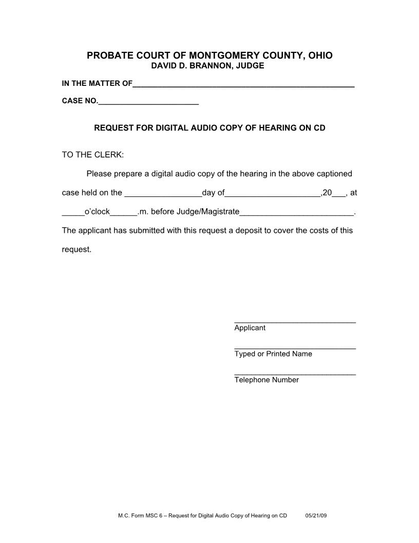 Request For Digital Audio Copy Of Hearing On CD {6} | Pdf Fpdf Doc Docx | Ohio