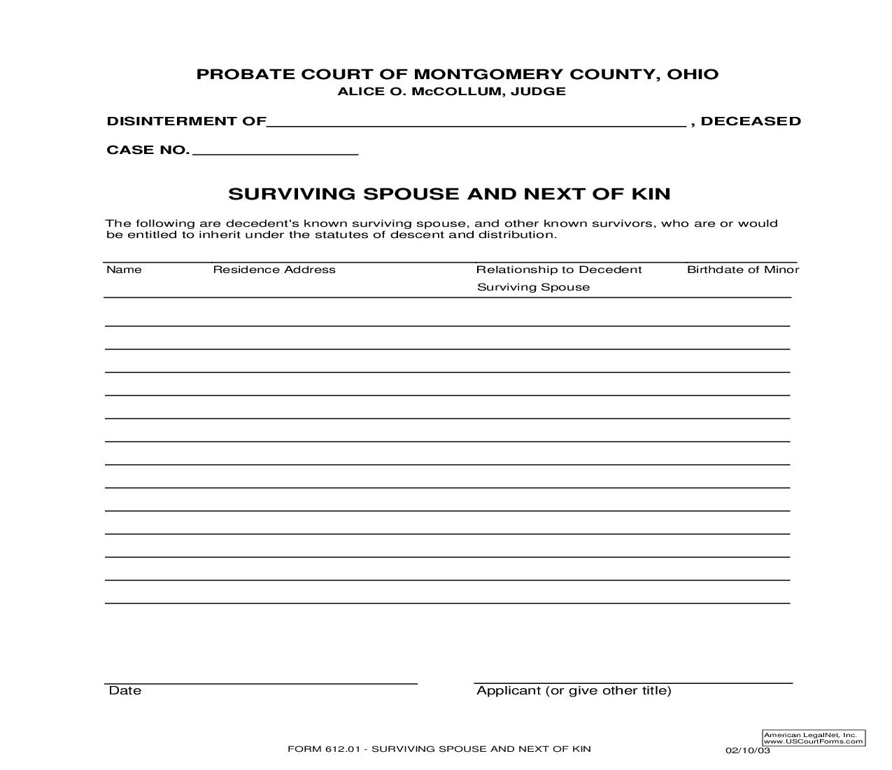Surviving Spouse And Next Of Kin {612.01} | Pdf Fpdf Doc Docx | Ohio