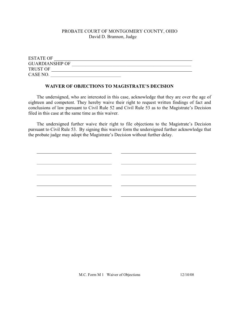 Waiver Of Objections To Magistrates Decision {M1} | Pdf Fpdf Doc Docx | Ohio