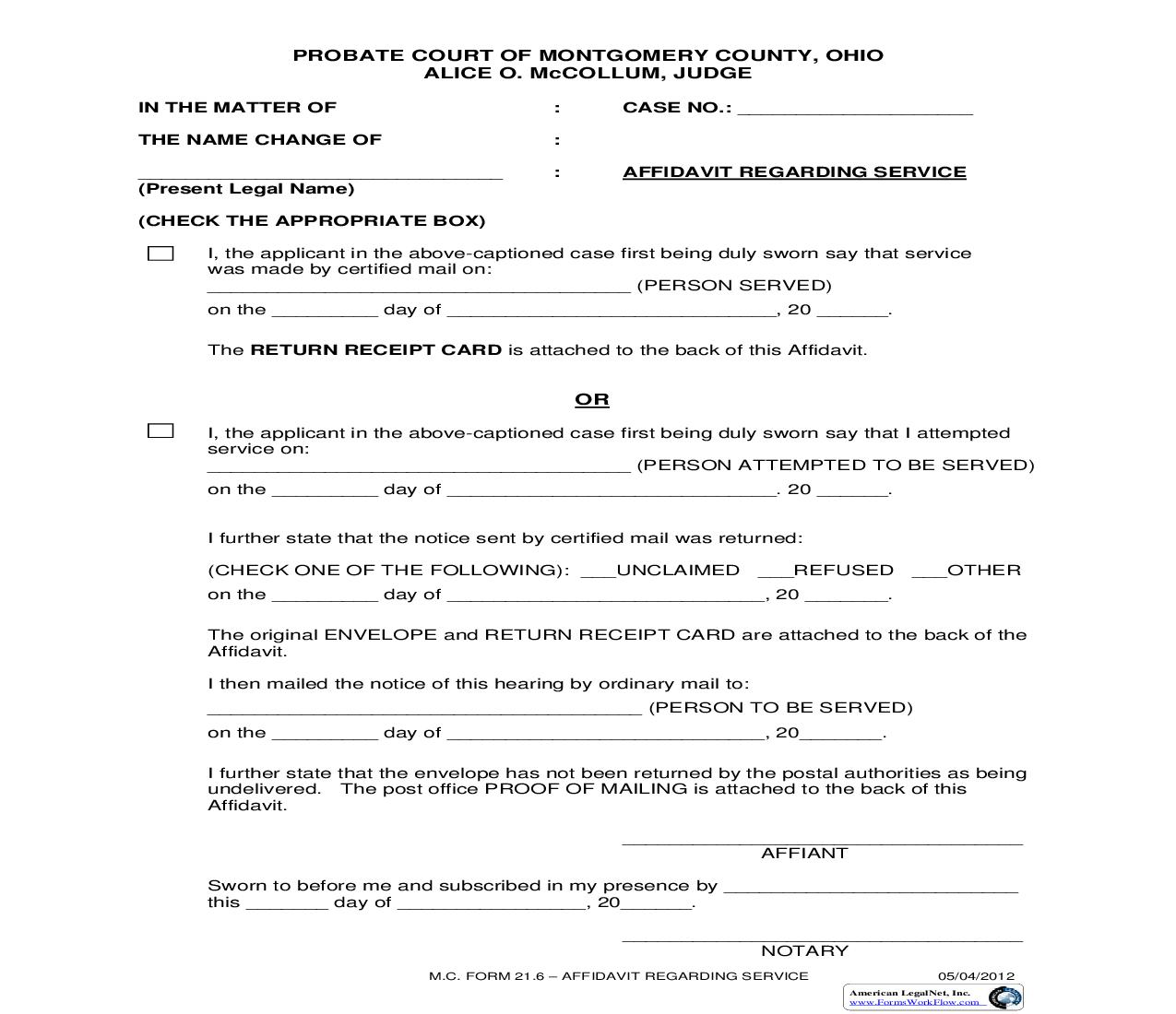 Affidavit Regarding Service {21.6} | Pdf Fpdf Doc Docx | Ohio