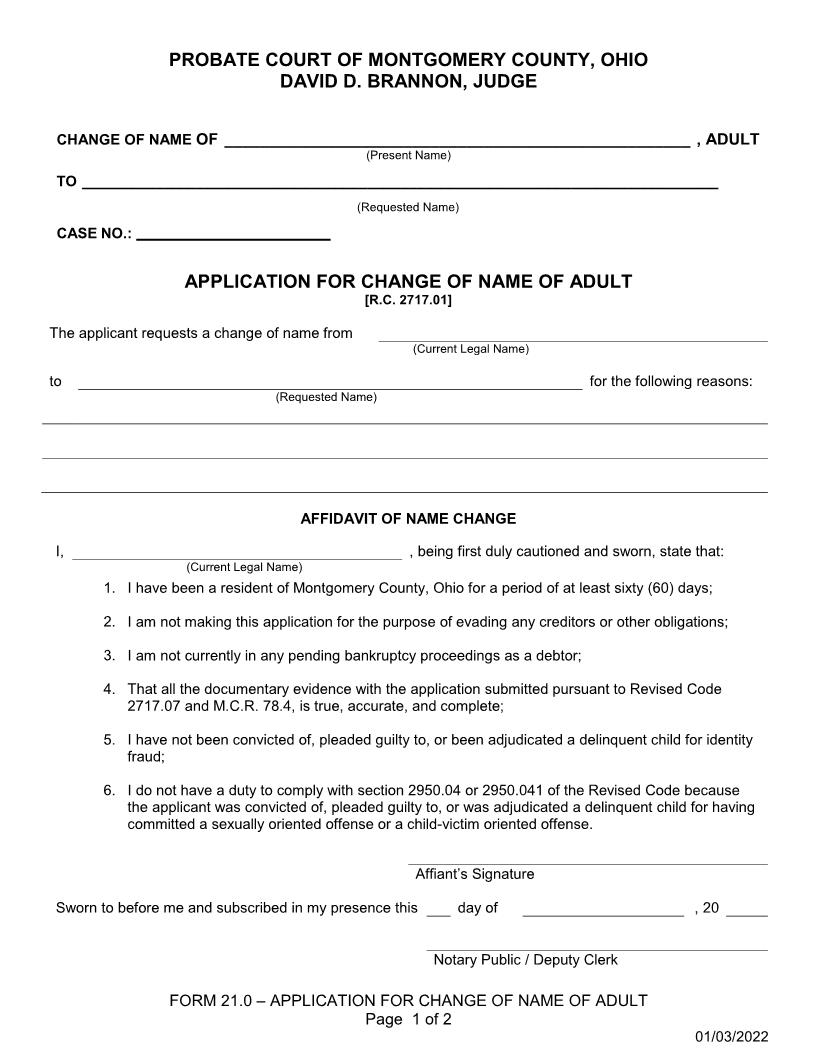 Application For Change Of Name Of Adult {21.0} | Pdf Fpdf Doc Docx | Ohio