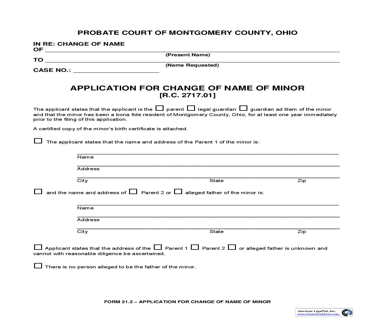 Application For Change Of Name Of Minor {21.2} | Pdf Fpdf Doc Docx | Ohio