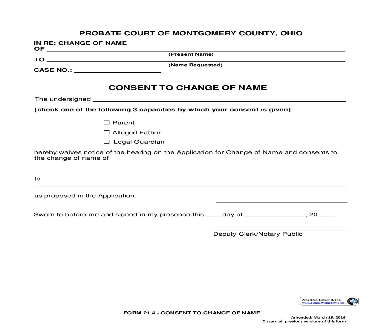 Consent To Change Of Name - Minor {21.4} | Pdf Fpdf Doc Docx | Ohio