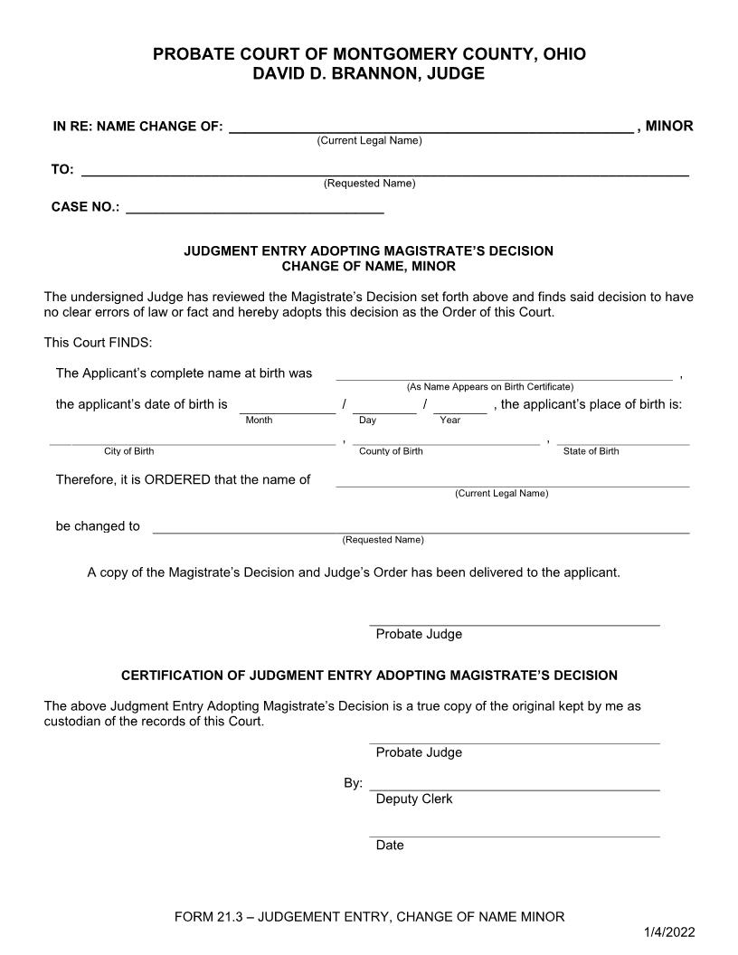 Judgment Entry Change Of Name Of Minor {21.3} | Pdf Fpdf Doc Docx | Ohio