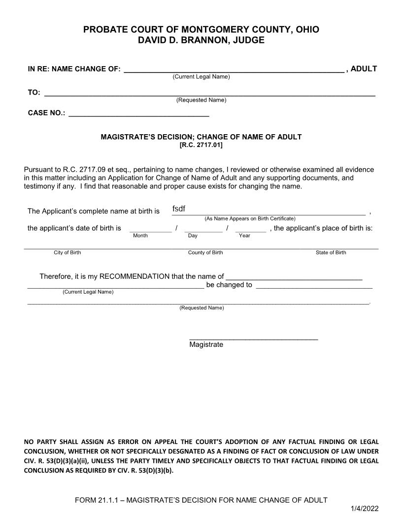 Magistrates Decision Change Of Name {21.1.1} | Pdf Fpdf Doc Docx | Ohio