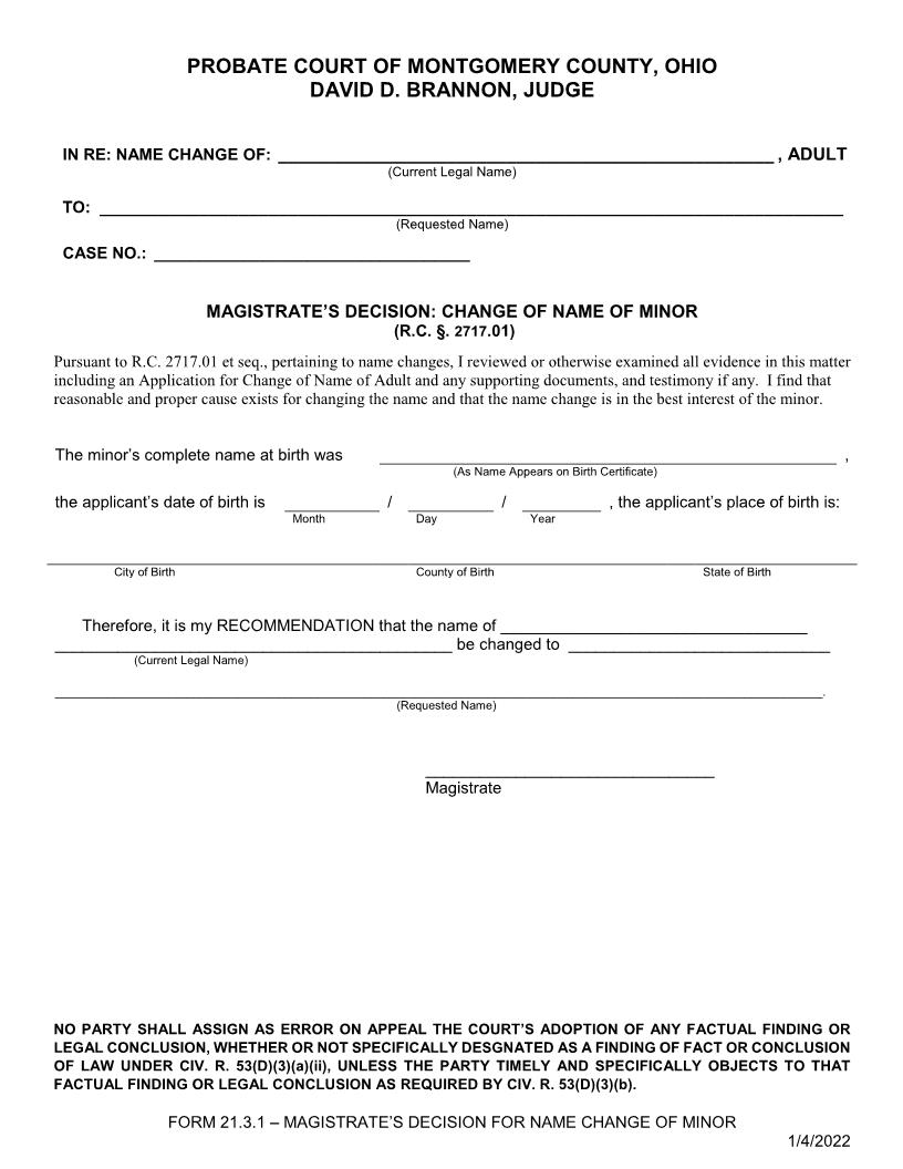 Magistrates Decision Change Of Name Of Minor {21.3.1} | Pdf Fpdf Doc Docx | Ohio