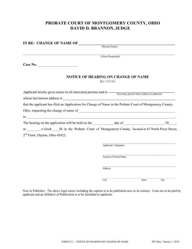 Notice Of Hearing On Change Of Name {21.5} | Pdf Fpdf Doc Docx | Ohio