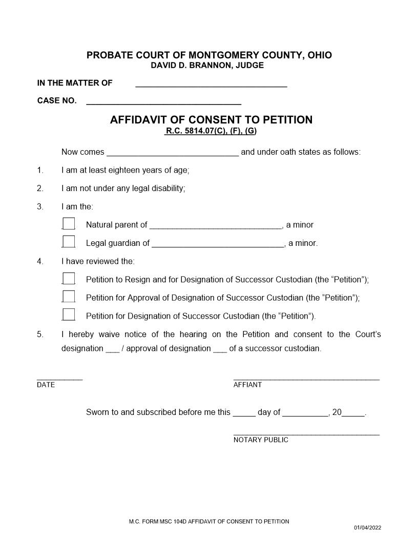 Affidavit Of Consent To Petition {104D} | Pdf Fpdf Doc Docx | Ohio