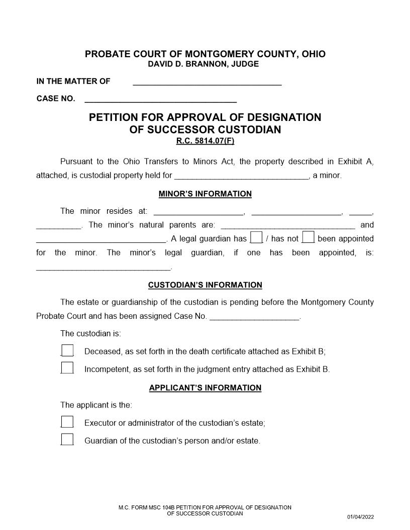 Petition For Approval Of Designation Of Successor Custodian {104B} | Pdf Fpdf Doc Docx | Ohio