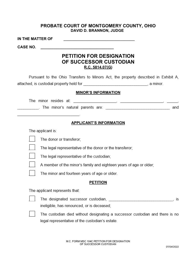 Petition For Designation Of Successor Custodian {104C} | Pdf Fpdf Doc Docx | Ohio