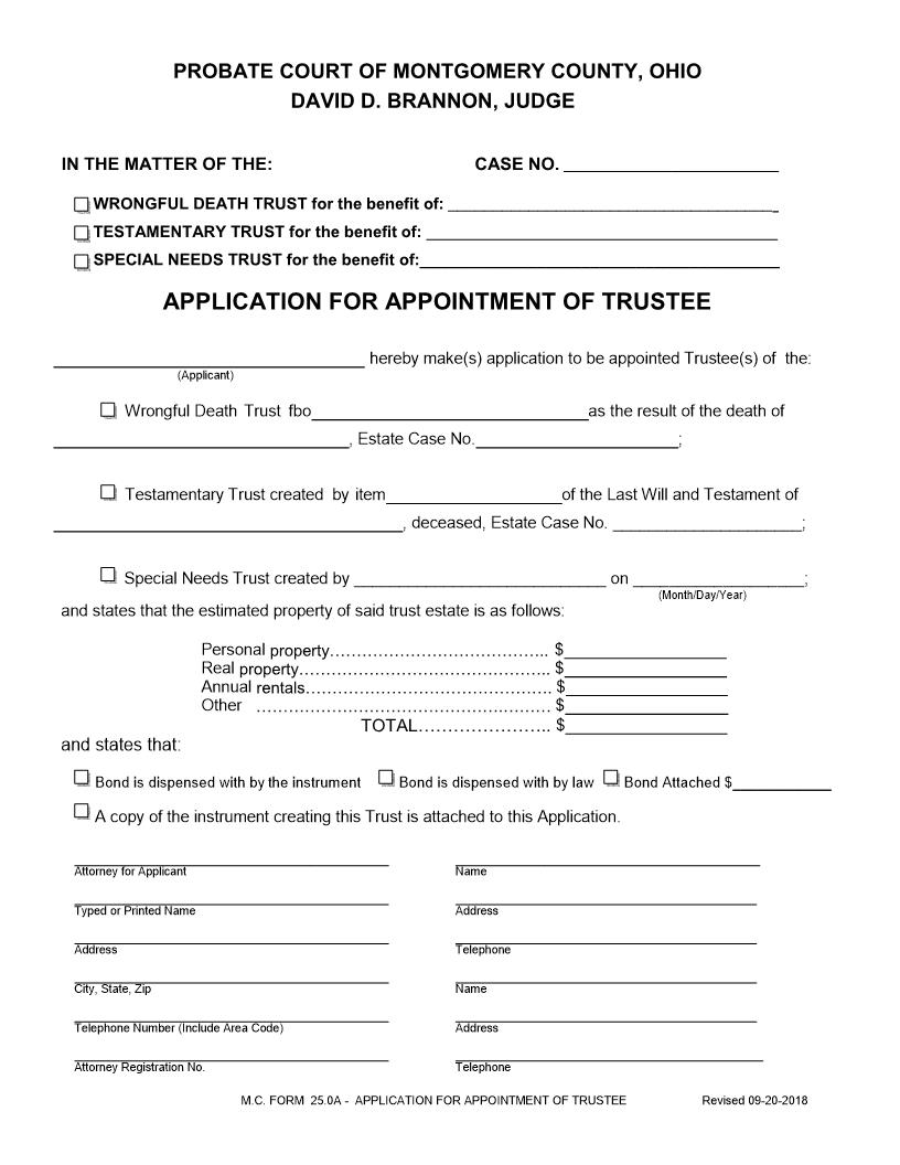 Application For Appointment Of Trustee {25.0A} | Pdf Fpdf Docx | Ohio