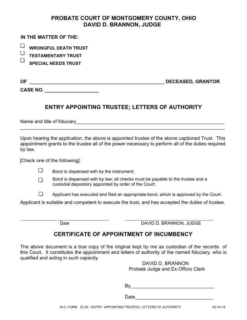 Entry Appointing Trustee Letters Of Authority {25.3A} | Pdf Fpdf Doc Docx | Ohio
